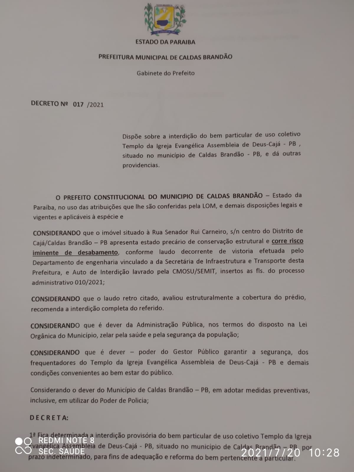 DECRETO DE INTERDIÇÃO DE BEM PARTICULAR