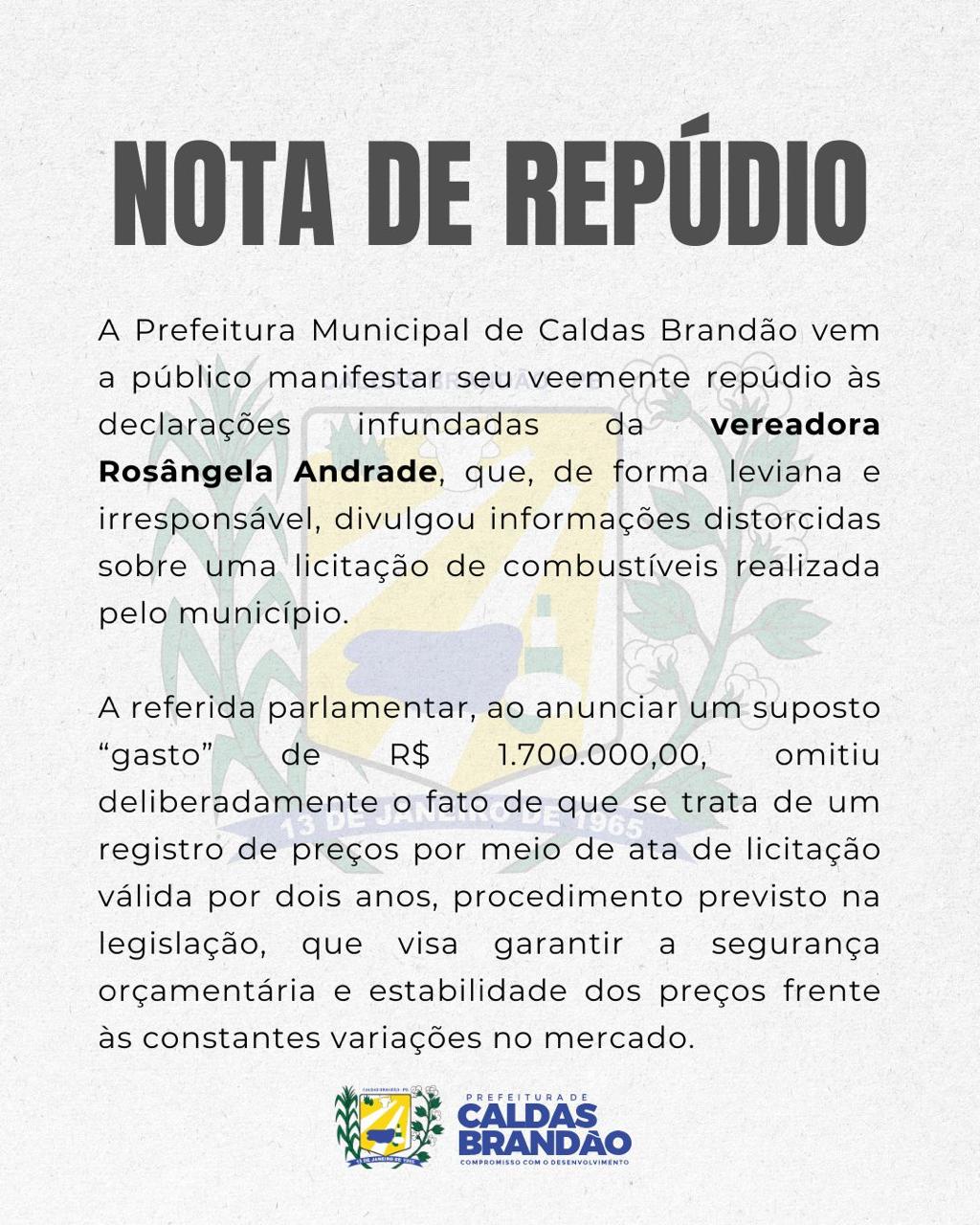 PREFEITURA DE CALDAS BRANDÃO REPUDIA DECLARAÇÕES INFUNDADAS DA VEREADORA ROSÂNGELA ANDRADE