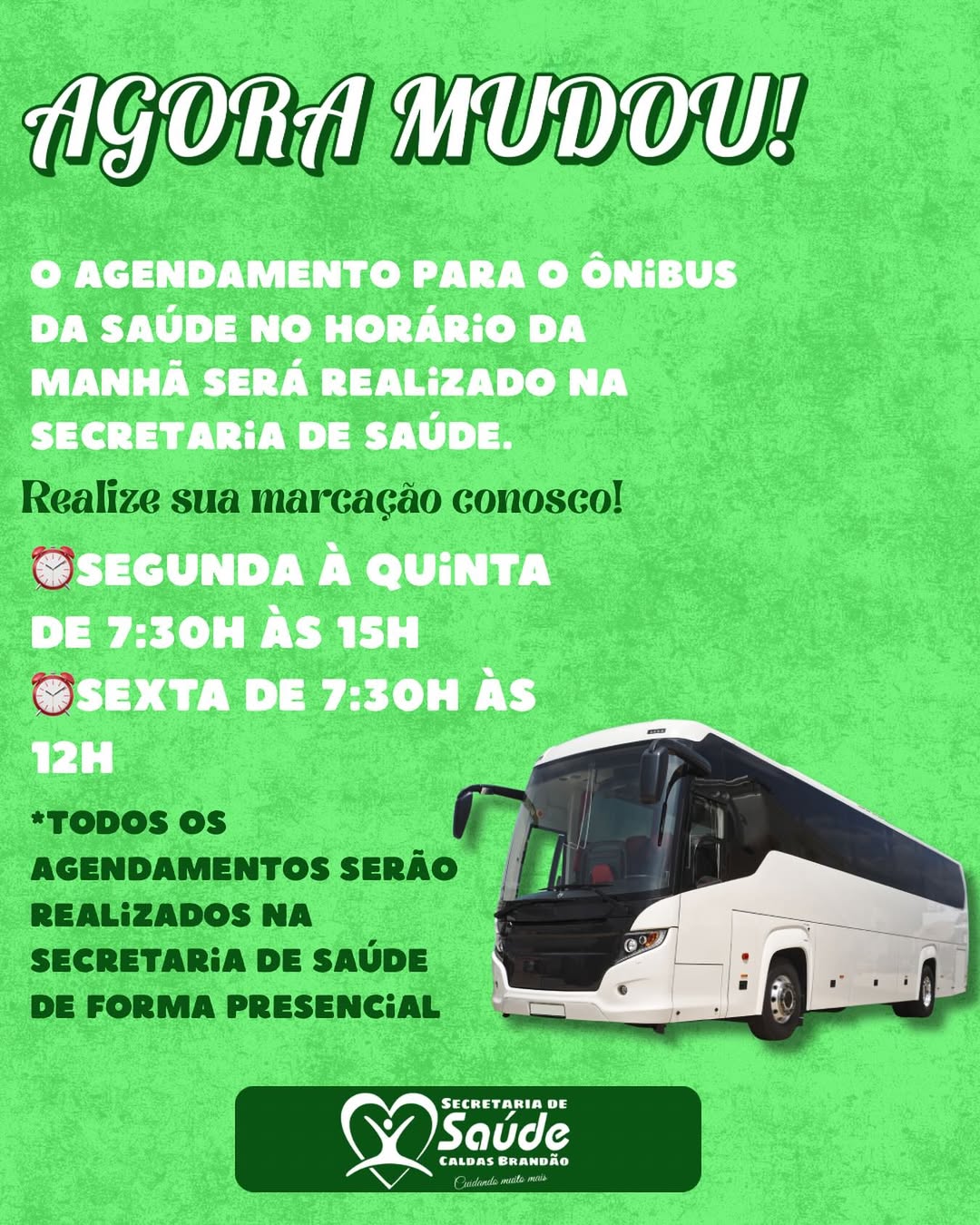 AGENDAMENTO PARA O ÔNIBUS DA SAÚDE AGORA SERÁ PRESENCIAL NA SECRETARIA DE SAÚDE