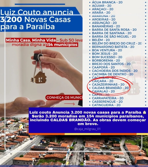 CALDAS BRANDÃO SERÁ CONTEMPLADA COM NOVAS MORADIAS PELO PROGRAMA MINHA CASA, MINHA VIDA