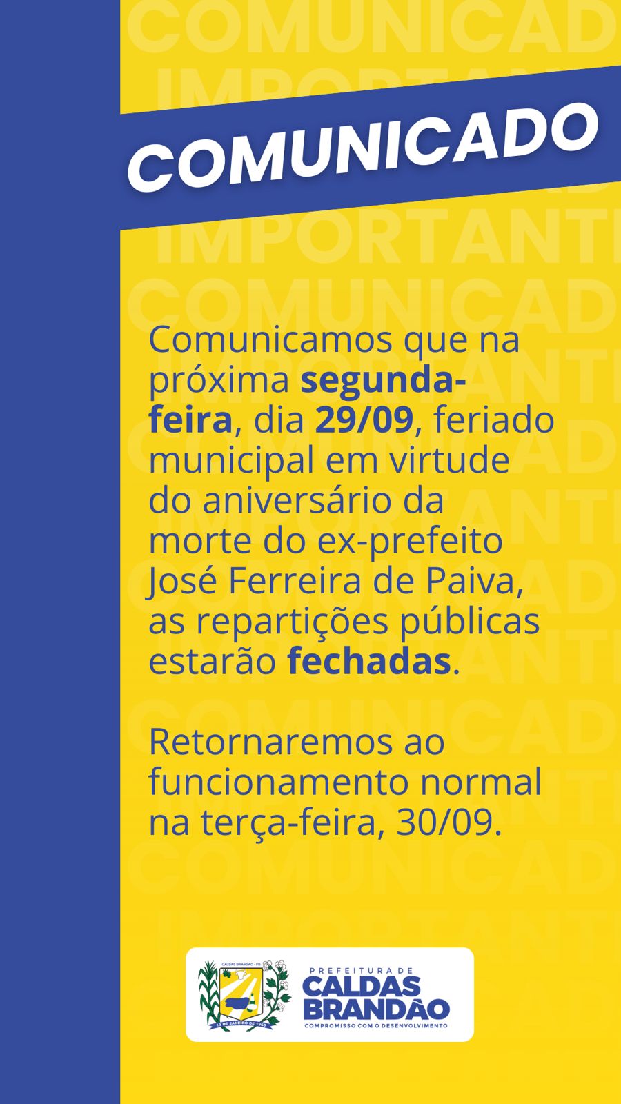 FERIADO MUNICIPAL NA SEGUNDA-FEIRA, 29 DE SETEMBRO