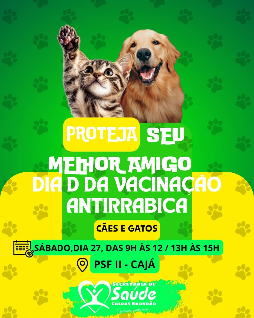 DIA D DE VACINAÇÃO ANTIRRÁBICA ACONTECE NESTE SÁBADO EM CALDAS BRANDÃO