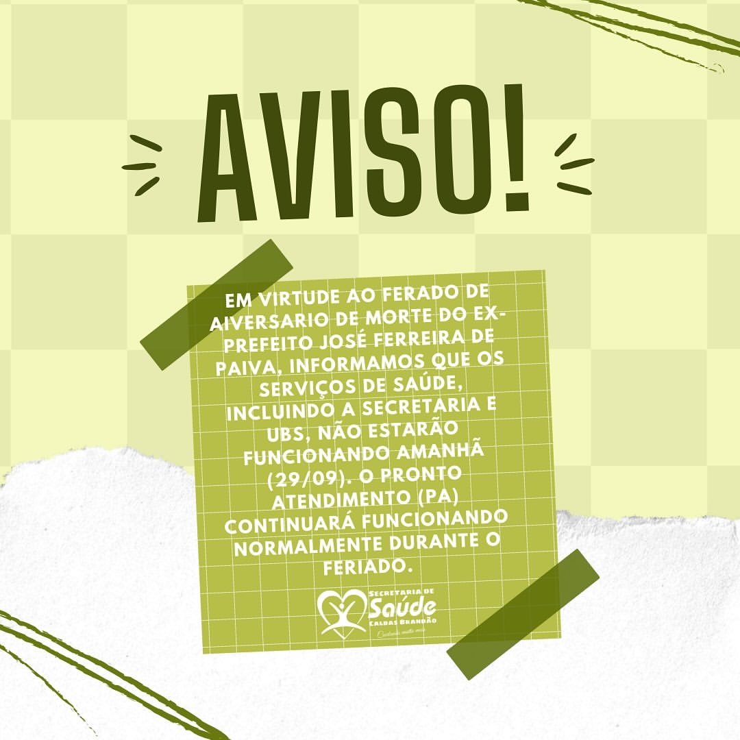 CALDAS BRANDÃO INFORMA SOBRE FUNCIONAMENTO DA SAÚDE DURANTE O FERIADO MUNICIPAL