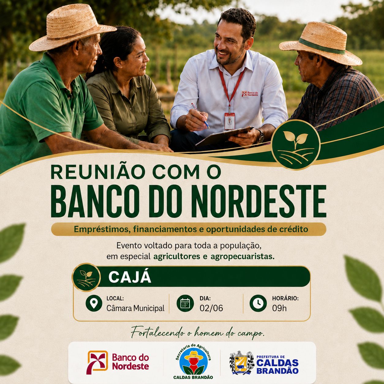 PREFEITURA DE CALDAS BRANDÃO CONVIDA AGRICULTORES E AGROPECUARISTAS PARA REUNIÃO COM O BANCO DO NORDESTE