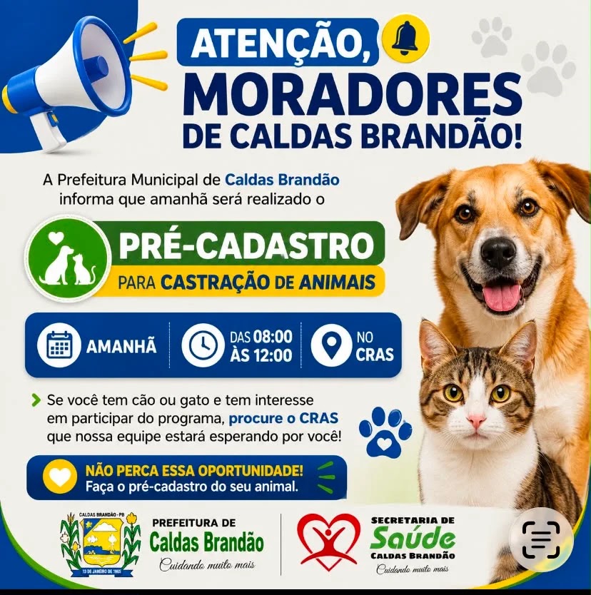 PREFEITURA DE CALDAS BRANDÃO REALIZA PRÉ-CADASTRO PARA PROGRAMA DE CASTRAÇÃO DE CÃES E GATOS